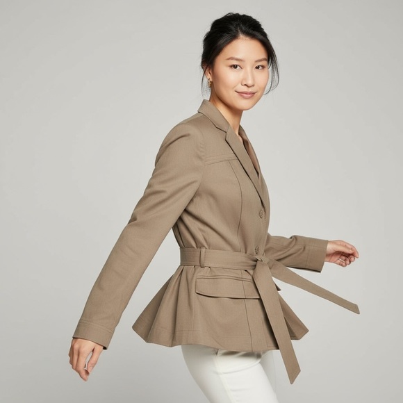 ⭐️ Talbots Italian Linen Woven Military Safari Belted Jacket Cinched Back Sz 10 - Picture 2 of 15